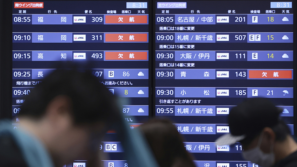 A monitor shows cancelations and delays of flights at Haneda Airport in Ota Ward, Tokyo, Japan, January 3, 2024. /CFP 