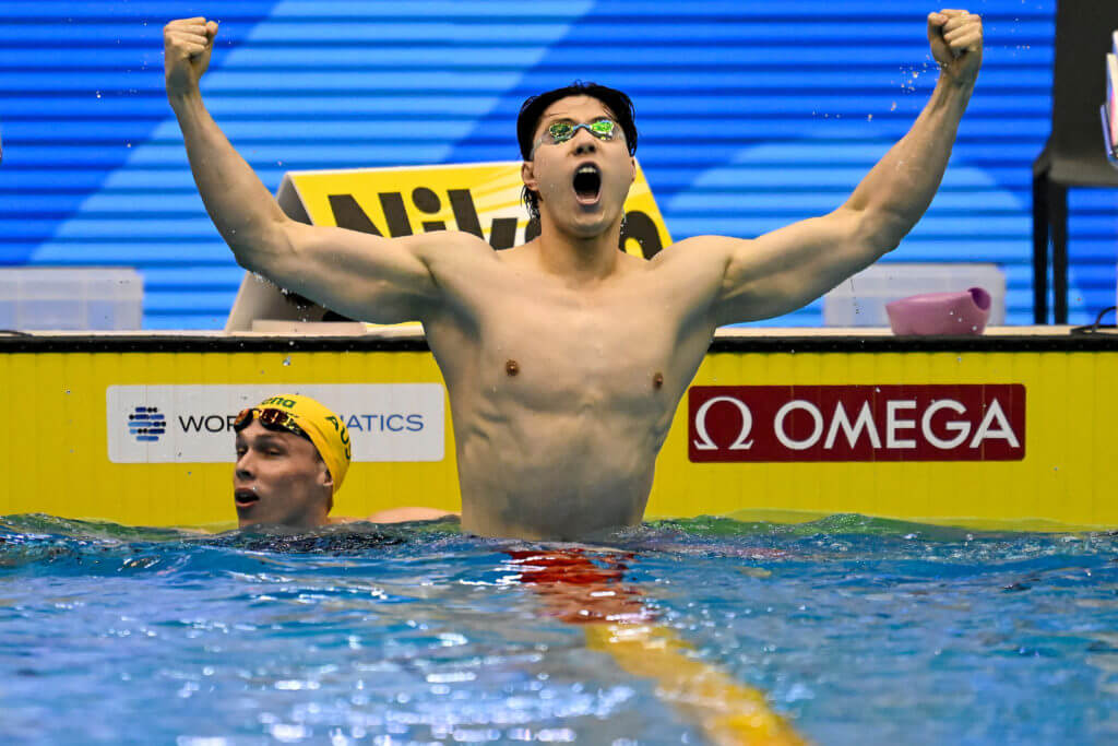 Qin Haiyang of China reacts after the men's 100-meter breaststroke event at the World Aquatics Swimming World Cup in Berlin, Germany, October 6, 2023. /CFP