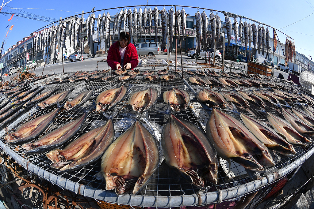 People dry sea fish in Qingdao, east China's Shandong Province on January 4, 2024. /CFP
