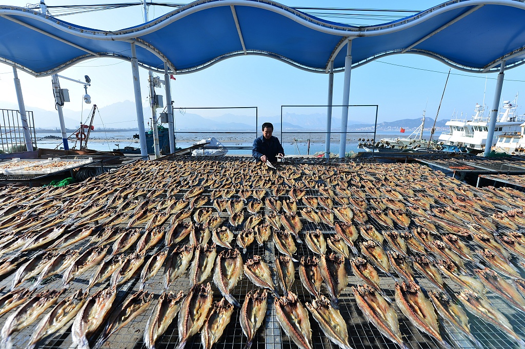 People dry sea fish in Qingdao, east China's Shandong Province on January 4, 2024. /CFP