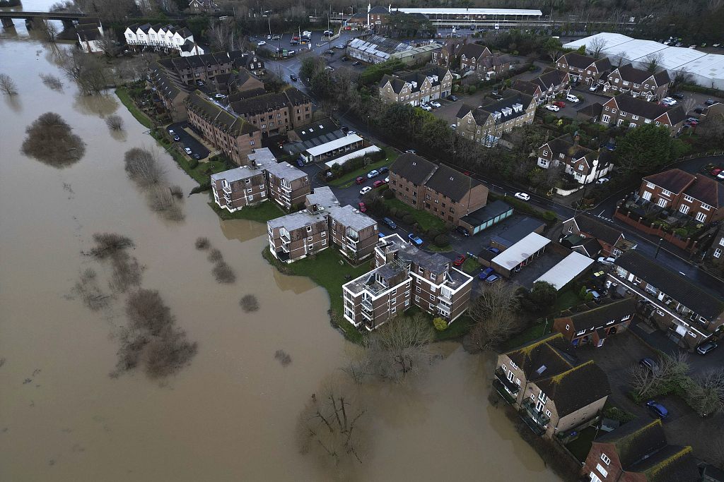 An aerial view of flooding in Pulborough, West Sussex, England, on January 5, 2024. /CFP
