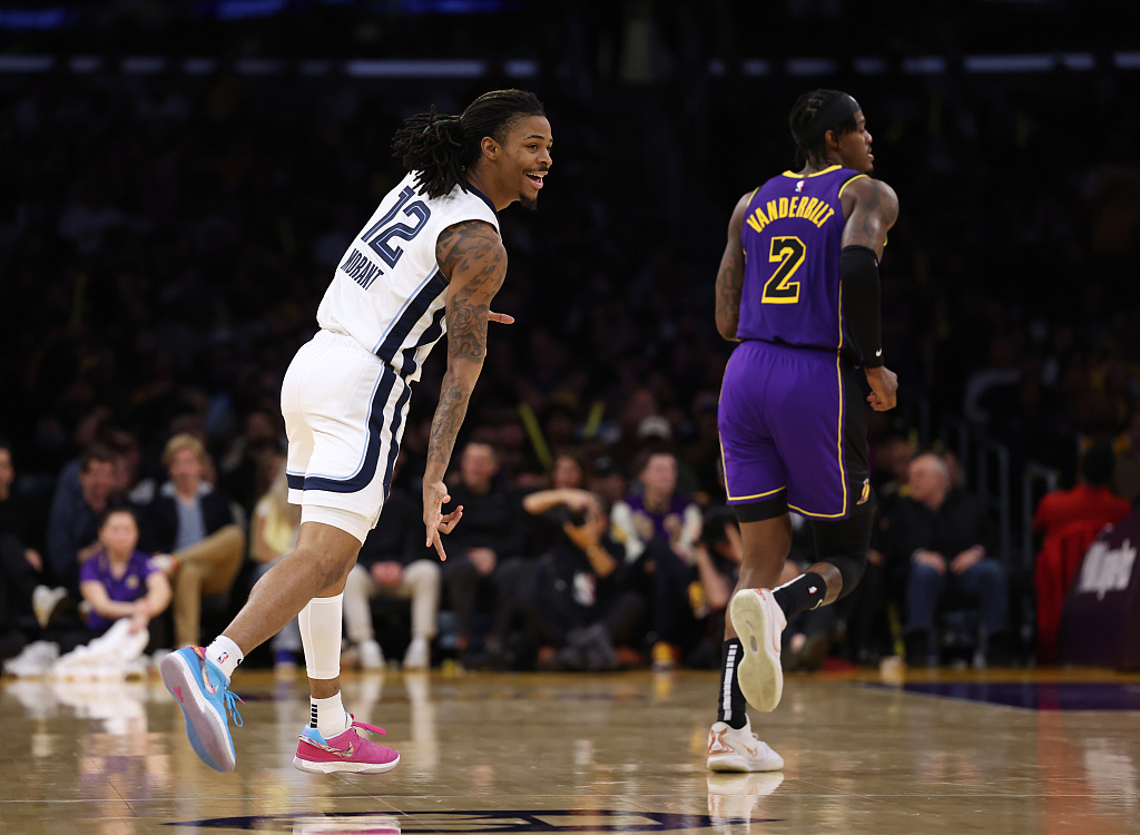Ja Morant (L) of the Memphis Grizzlies reacts after making a 3-pointer in the game against the Los Angeles Lakers at Crypto.com Arena in Los Angeles, California, January 5, 2024. /CFP