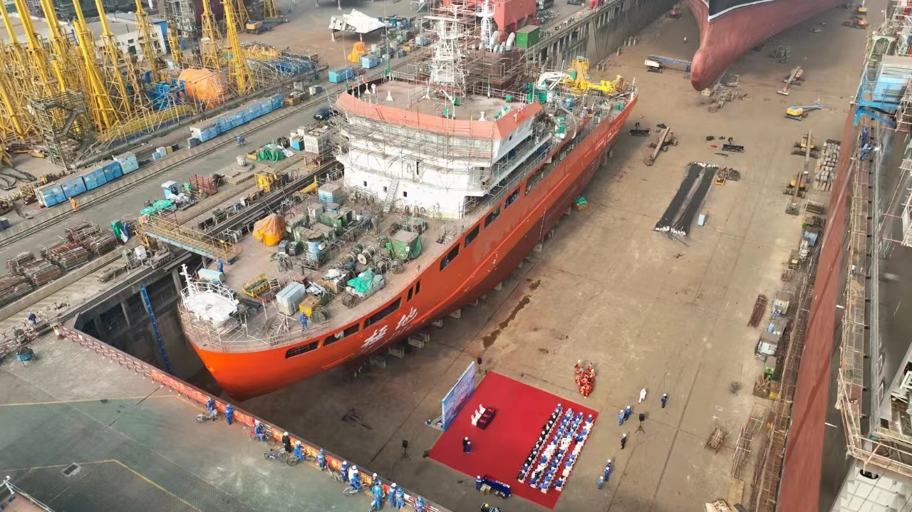 China's ice-breaking scientific research ship, Ji Di, undocks in Guangzhou, south China's Guangdong Province, December 29, 2023. /Guangzhou Shipyard International Company Limited