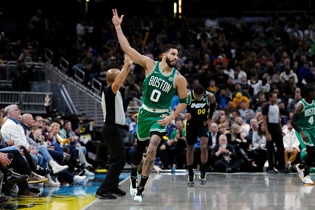 Jayson Tatum (#0) of the Boston Celtics reacts after making a 3-pointer in the game against the Indiana Pacers at Gainbridge Fieldhouse in Indianapolis, Indiana, January 6, 2024. /CFP