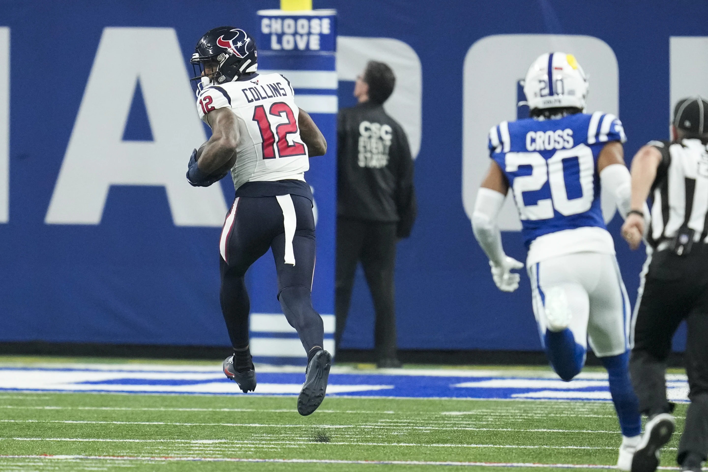 Wide receiver Nico Collins (#12) of the Houston Texans runs with the ball in the game against the Indianapolis Colts at Lucas Oil Stadium in Indianapolis, Indiana, January 6, 2024. /AP