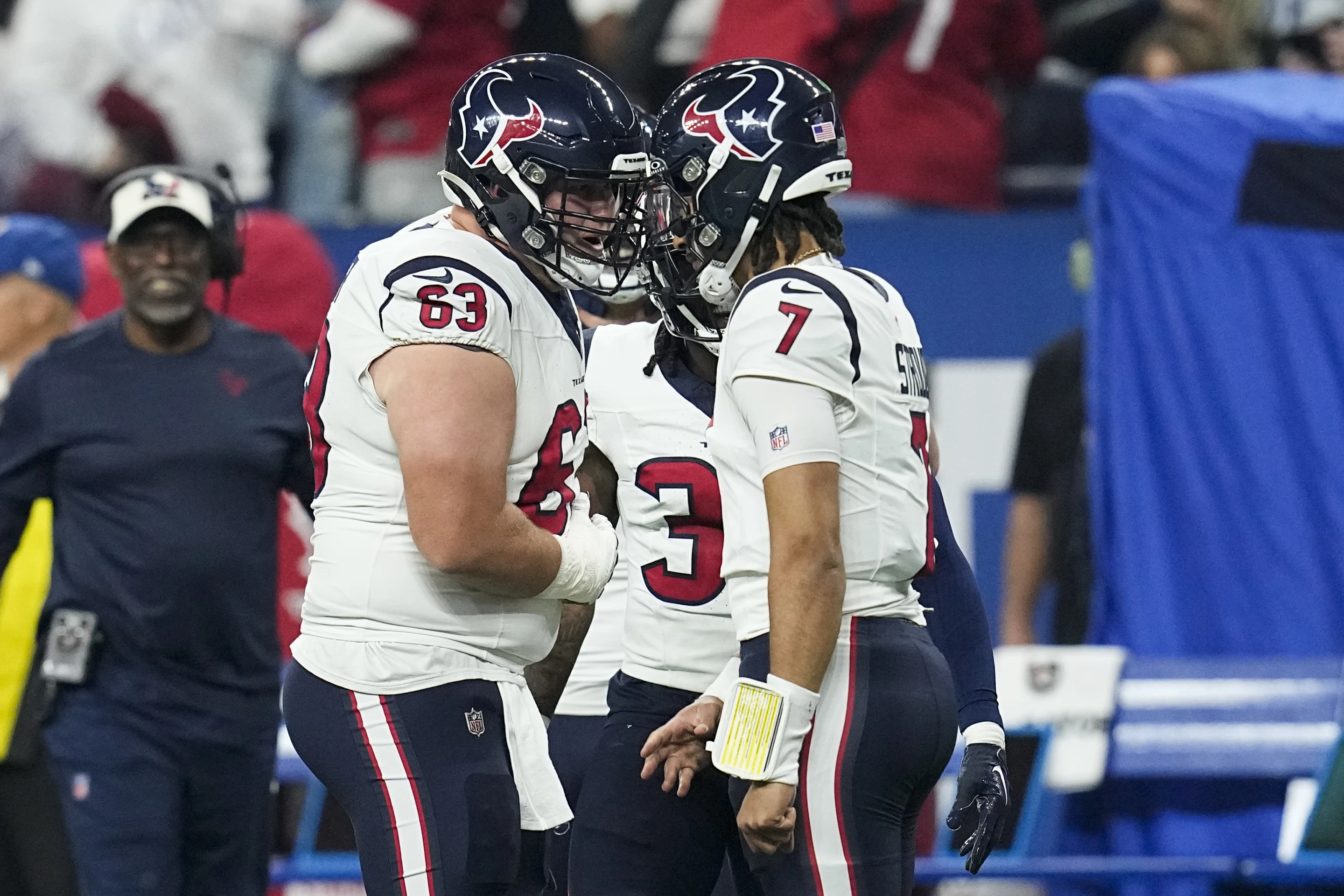 Quarterback C.J. Stroud (#7) of the Houston Texans celebrates with his teammates in the game against the Indianapolis Colts at Lucas Oil Stadium in Indianapolis, Indiana, January 6, 2024. /AP