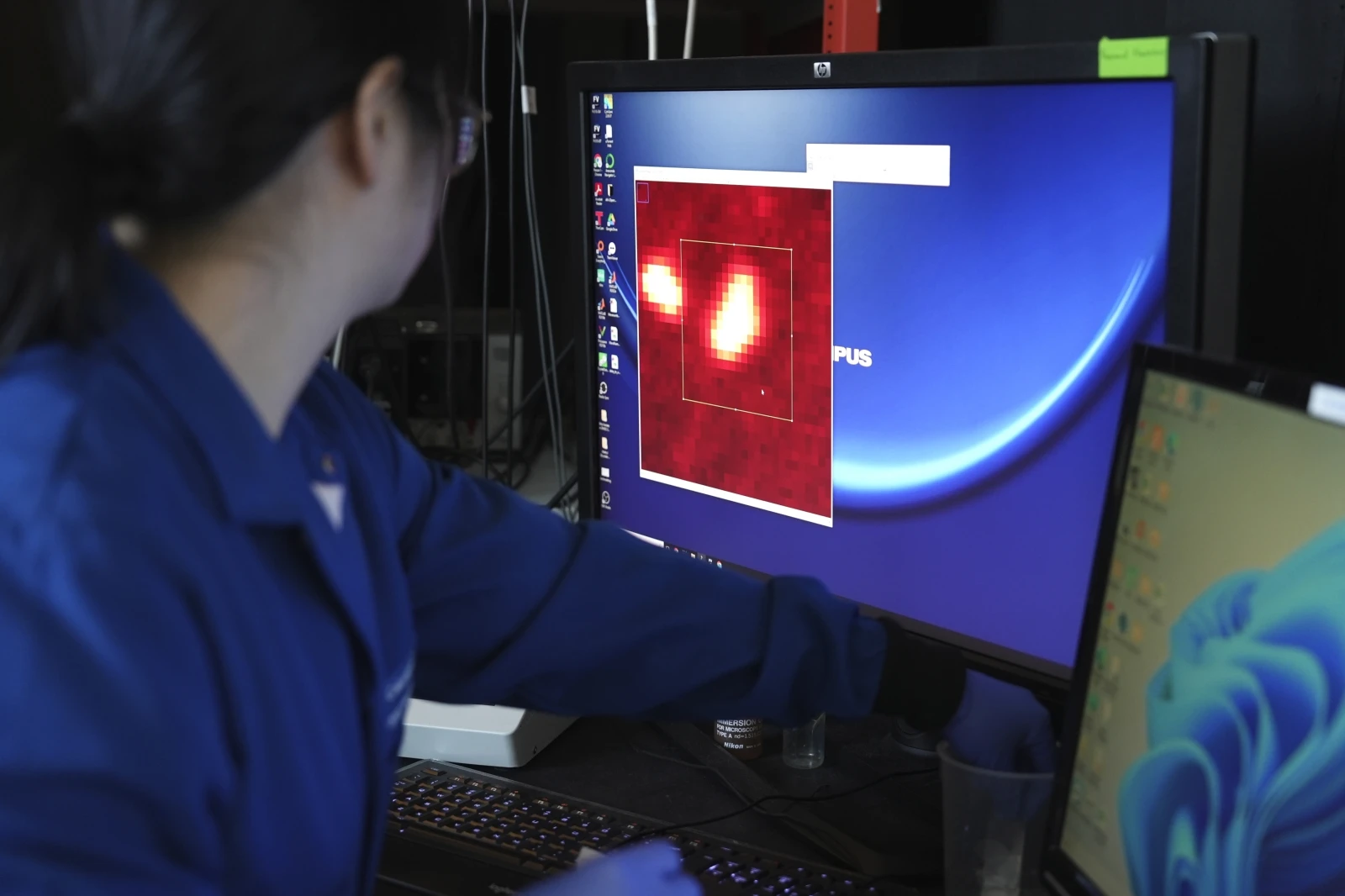 Naixin Qian, a Columbia physical chemist, zooms in on an image generated from a microscope scan, with nanoplastics, microscopic plastic pieces, appearing as bright red dots in New York, the U.S., January 8, 2024. /AP