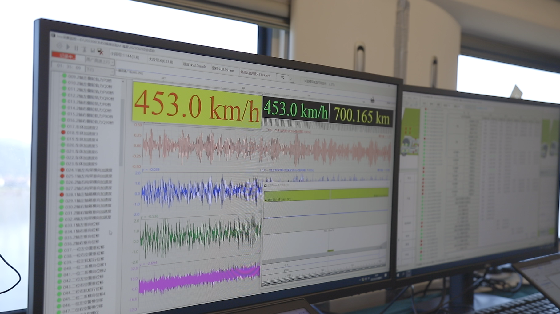 The screen shows the train running 453 kilometers per hour during the test, June 28, 2023. /China Academy of Railway Sciences