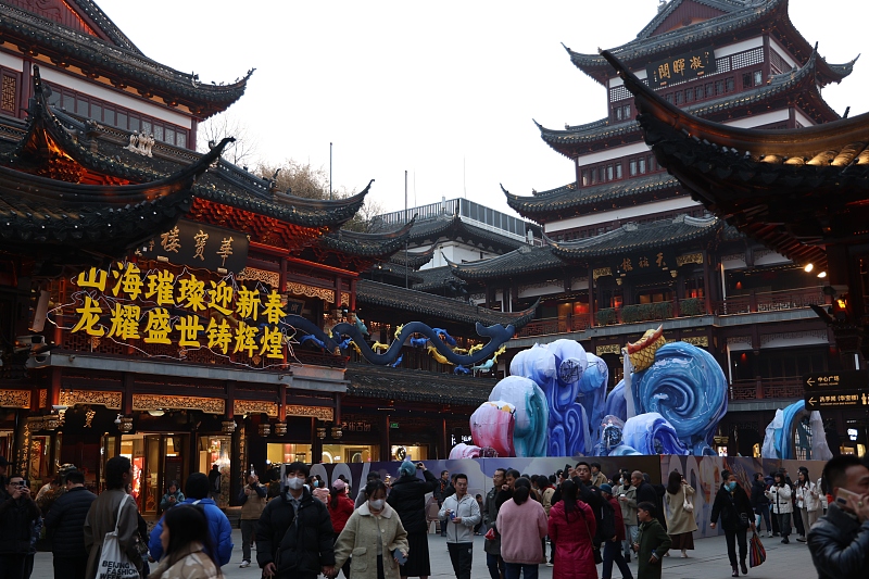 People visit Yuyuan Garden for a sneak preview of the upcoming lantern fair in Shanghai, January 6, 2024. /CFP