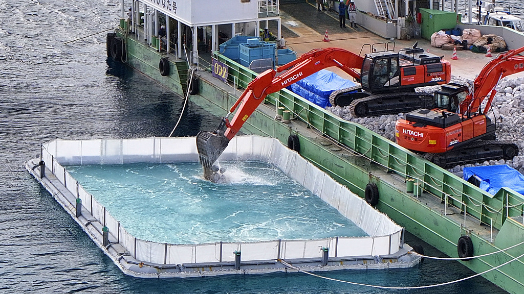 Photo shows work to reinforce soft ground being carried out by the central Japanese government in the sea off the Henoko coastal area in Nago, Okinawa Prefecture, Japan, January 10, 2024. /CFP