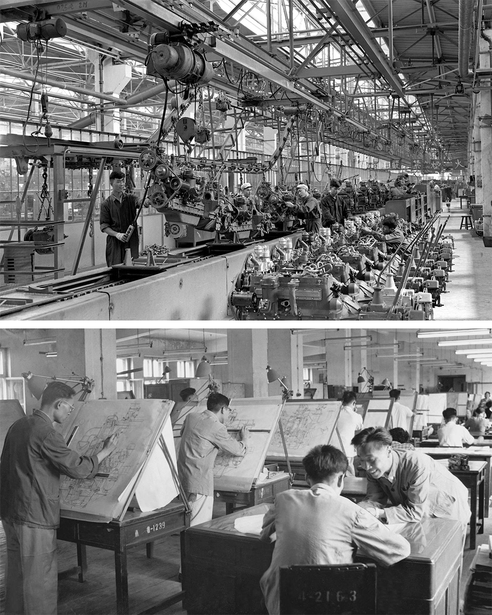 Combined file photos shows an engine workshop in Changchun, Jilin Province, in 1957 (top), and FAW's engineers working on engine blueprints in 1963 (bottom). /Xinhua