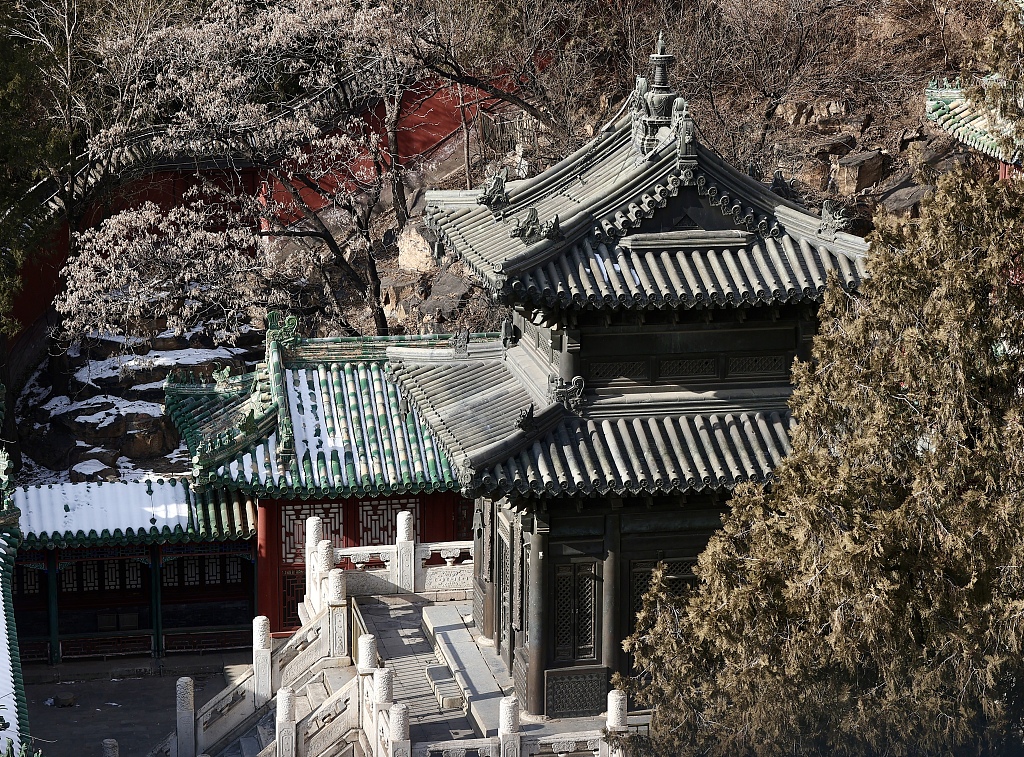 The Baoyun Pavilion, the only existing bronze building in China's imperial gardens, is seen at the Summer Palace in Beijing on January 10, 2024. /CFP