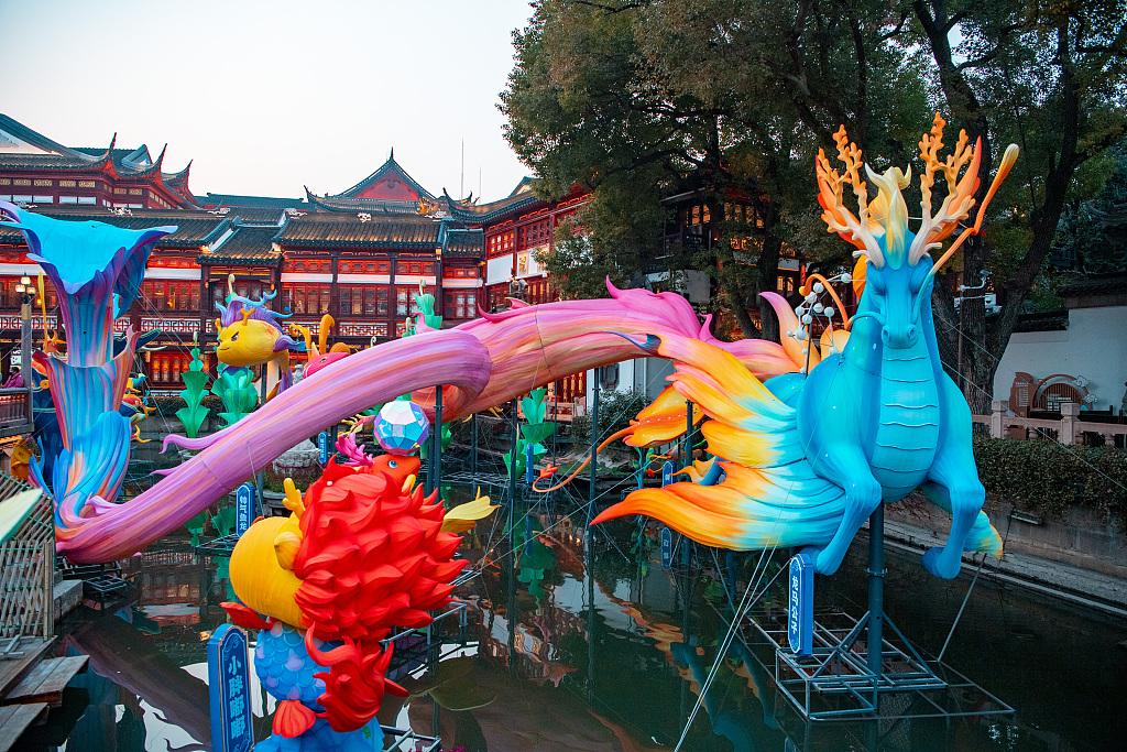Colorful lanterns are installed at Yuyuan Garden in Shanghai on January 9, 2024, merging tradition with modern allure. /CFP
