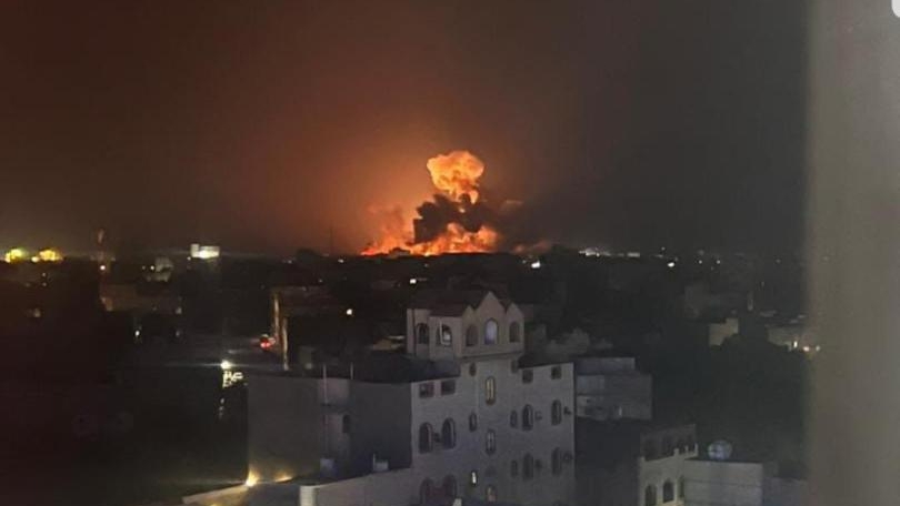 Photo shows explosion after air strikes in Sanaa, capitol of Yemen, January 12, 2024. /Xinhua