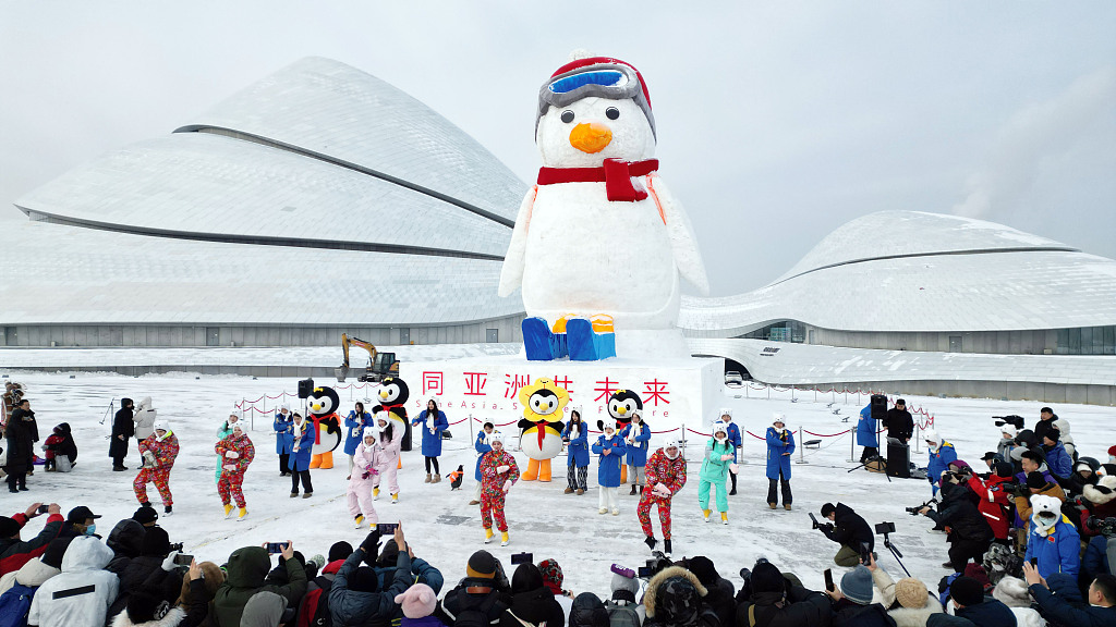 A photo taken on January 12, 2024 shows people gathering to watch the Truant Penguin snow sculpture in front of Harbin Grand Theatre in Heilongjiang Province. /CFP