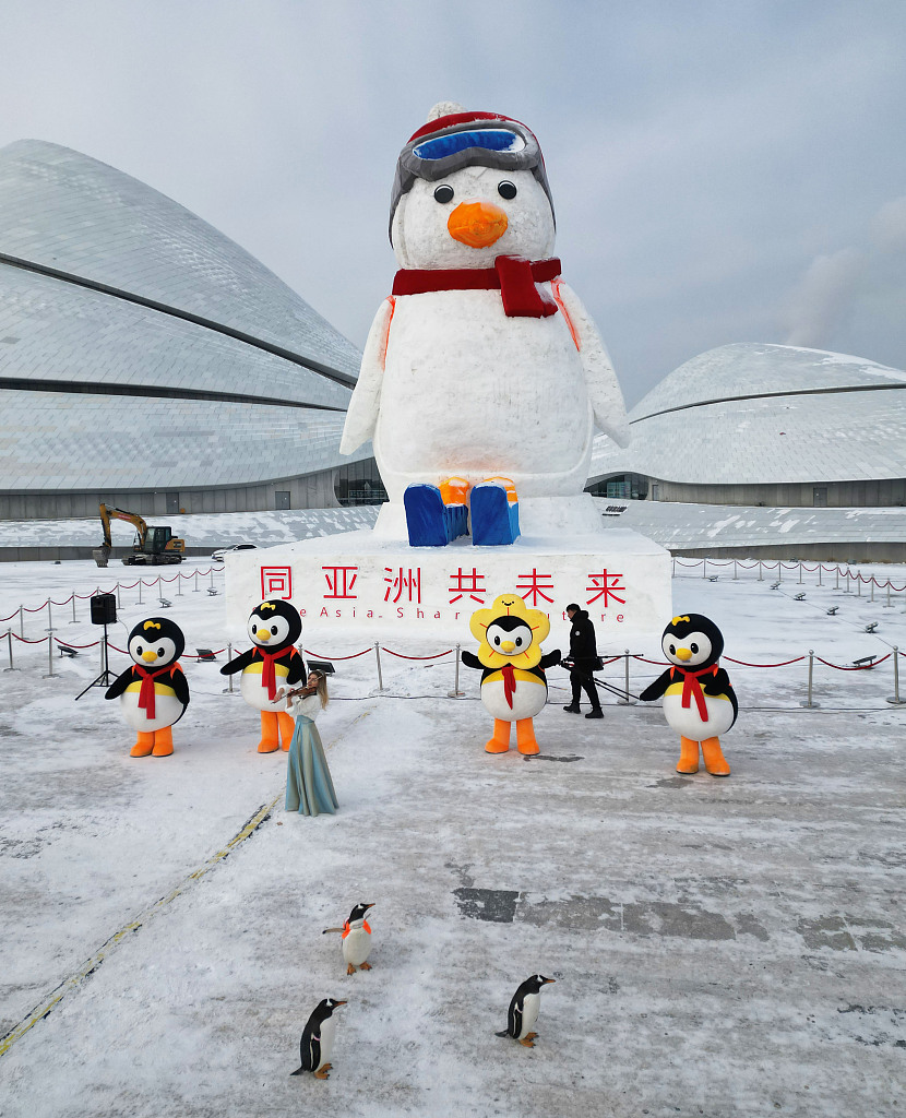 A photo taken on January 12, 2024 shows the Truant Penguin snow sculpture in front of Harbin Grand Theatre in Heilongjiang Province. /CFP
