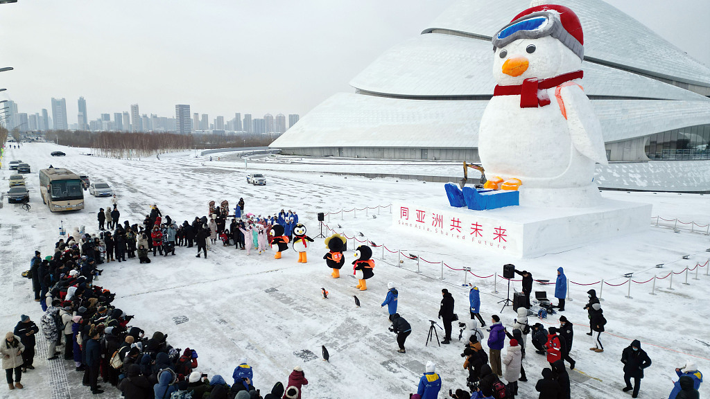 A photo taken on January 12, 2024 shows people gathering to watch the Truant Penguin snow sculpture in front of Harbin Grand Theatre in Heilongjiang Province. /CFP