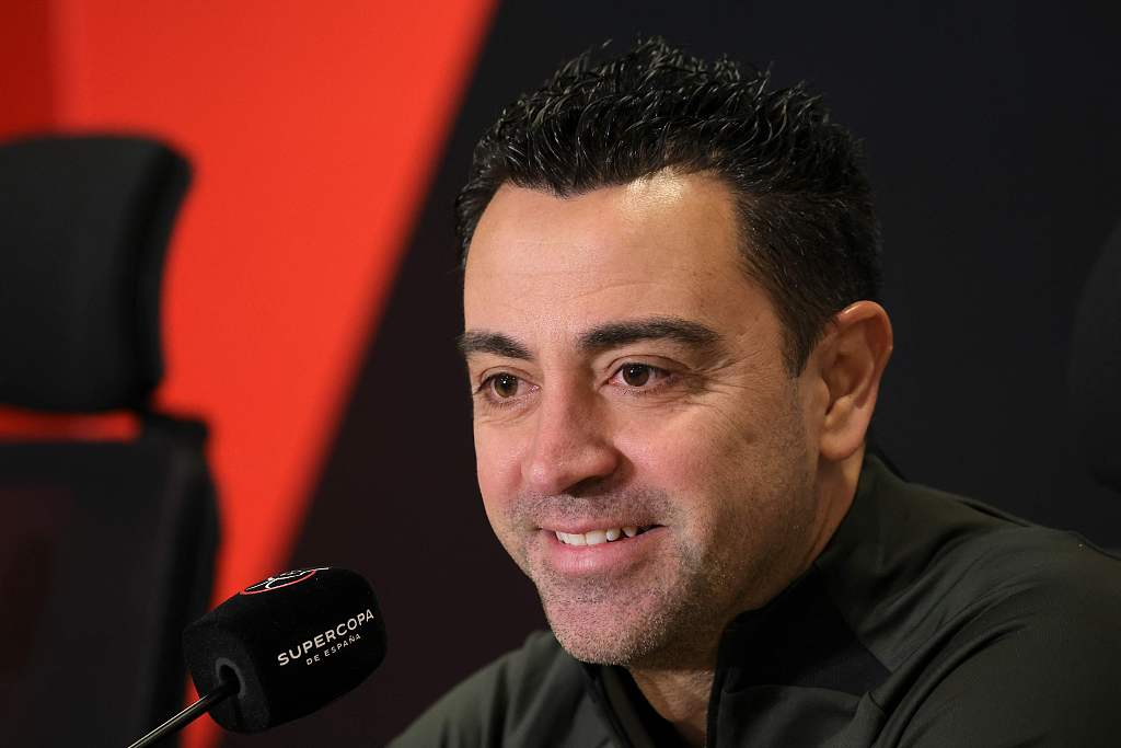 Xavi Hernandez, manager of Barcelona, speaks at the press conference in Riyadh, Saudi Arabia, January 13, 2024. /CFP