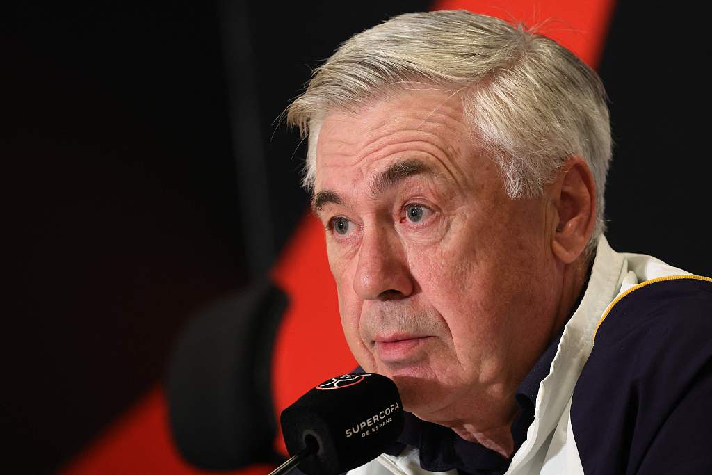 Carlo Ancelotti, manager of Real Madrid, speaks at the press conference in Riyadh, Saudi Arabia, January 13, 2024. /CFP