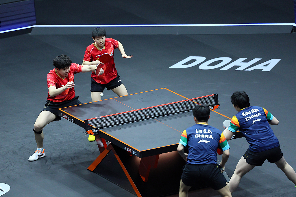 China's Wang Chuqin(L)/Sun Yingsha (2nd L) and Lin Shidong/Kuai Man in action during their mixed doubles final at the WTT Star Contender in Doha, Qatar, January 13, 2024. /CFP