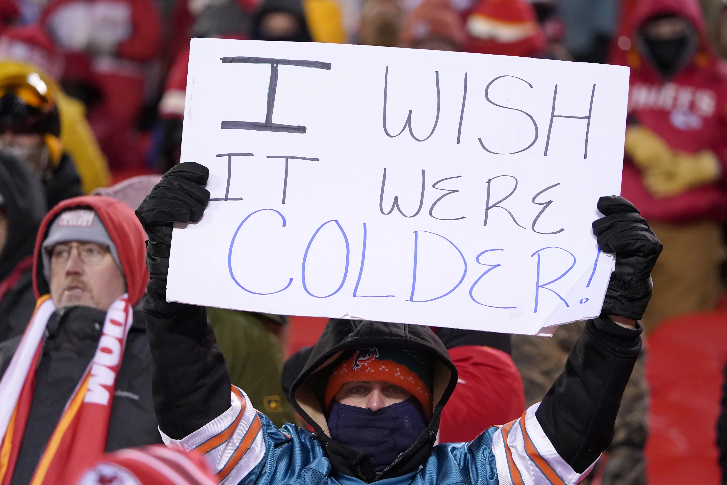 A fan of the Kansas City Chiefs holds a sign during the American Football Conference Wild Card game against the Miami Dolphins at Arrowhead Stadium in Kansas City, Missouri, January 13, 2024. /AP
