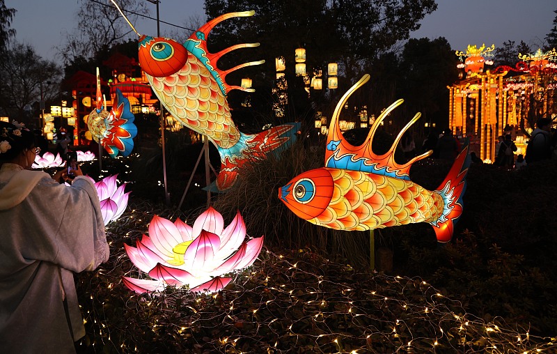 A series of illuminated lanterns are set up for the Qinghuai Lantern Fair at Bailuzhou Park, Nanjing City, Jiangsu Province, January 13, 2024. /CFP