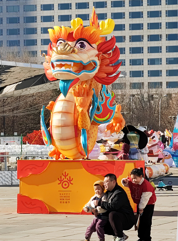 A loong-themed art installation is seen outside the National Aquatics Center in Beijing, January 14, 2024. /CFP