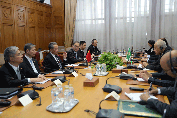 Chinese Foreign Minister Wang Yi holds talks with AL Secretary-General Ahmed Aboul-Gheit in the Egyptian capital Cairo, January 14, 2024. /Chinese Foreign Ministry 