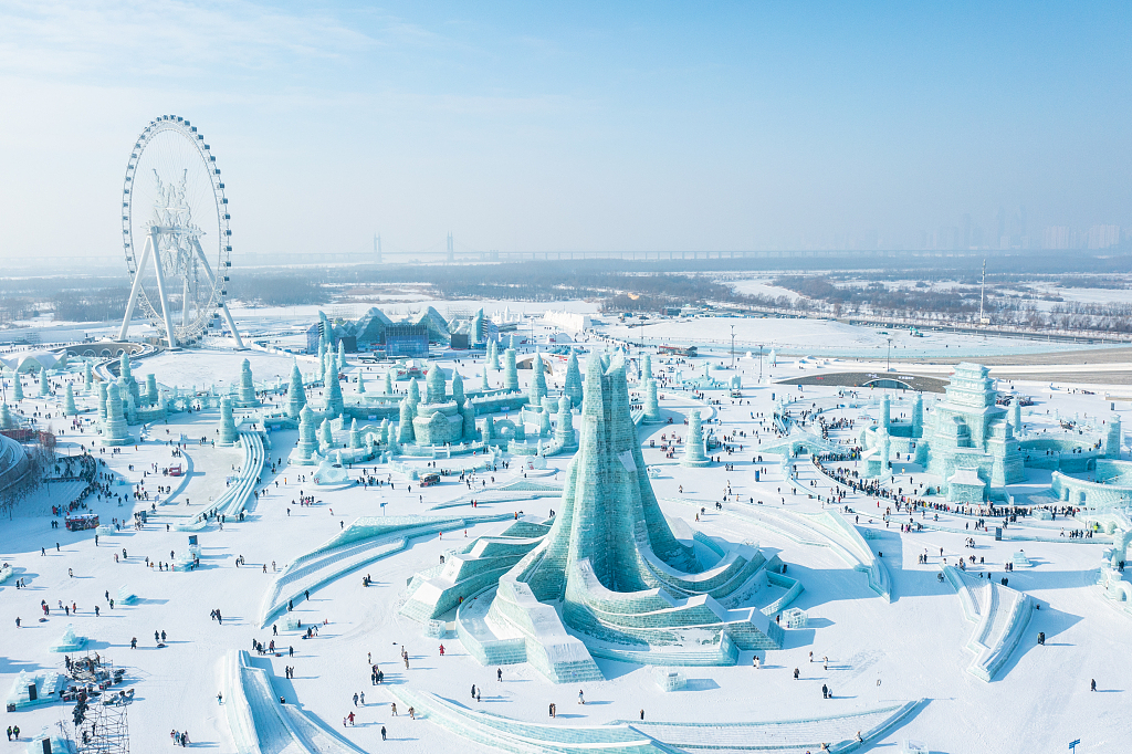 An aerial view of the Harbin Ice and Snow World in Harbin, northeast China's Heilongjiang Province, January 6, 2024. /CFP