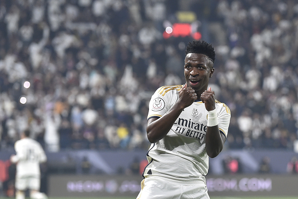 Real Madrid's Vinicius Junior celebrates after scoring a goal during the Super Cup final in Riyadh, Saudi Arabia, January 14, 2024. /CFP