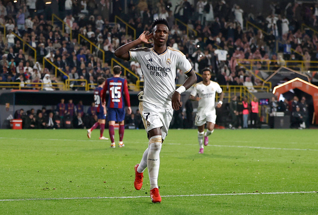 Real Madrid's Vinicius Junior reacts after completing a hat-trick during the Super Cup final in Riyadh, Saudi Arabia, January 14, 2024. /CFP