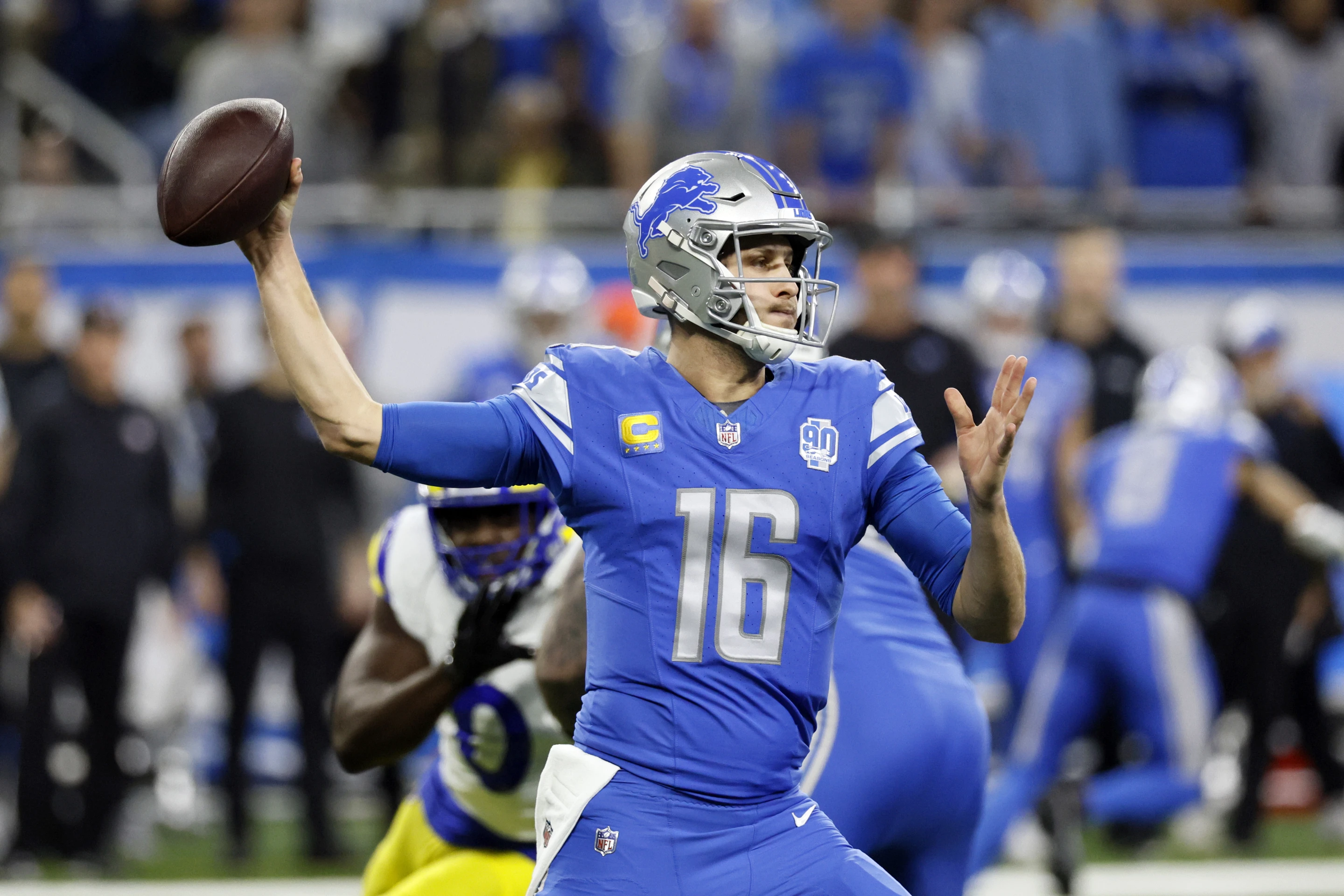 Quarterback Jared Goff (#16) of the Detroit Lions passes in the National Football Conference Wild Card Game against the Los Angeles Rams at Ford Field in Detroit, Michigan, January 14, 2024. /AP