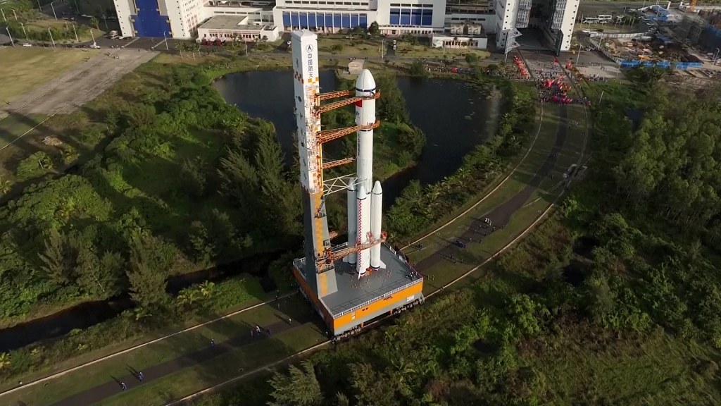 A Long March-7 rocket carrying Tianzhou-7 cargo spacecraft at the launchpad, Wenchang Spacecraft Launch Site, south China's Hainan Province, January 15, 2024. /CFP