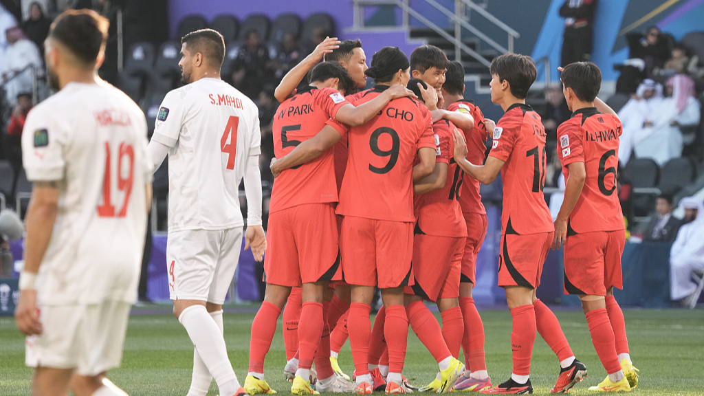 South Korean players celebrate during their AFC Asian Cup clash against Bahrain in Doha, Qatar, January 15, 2024. /CFP