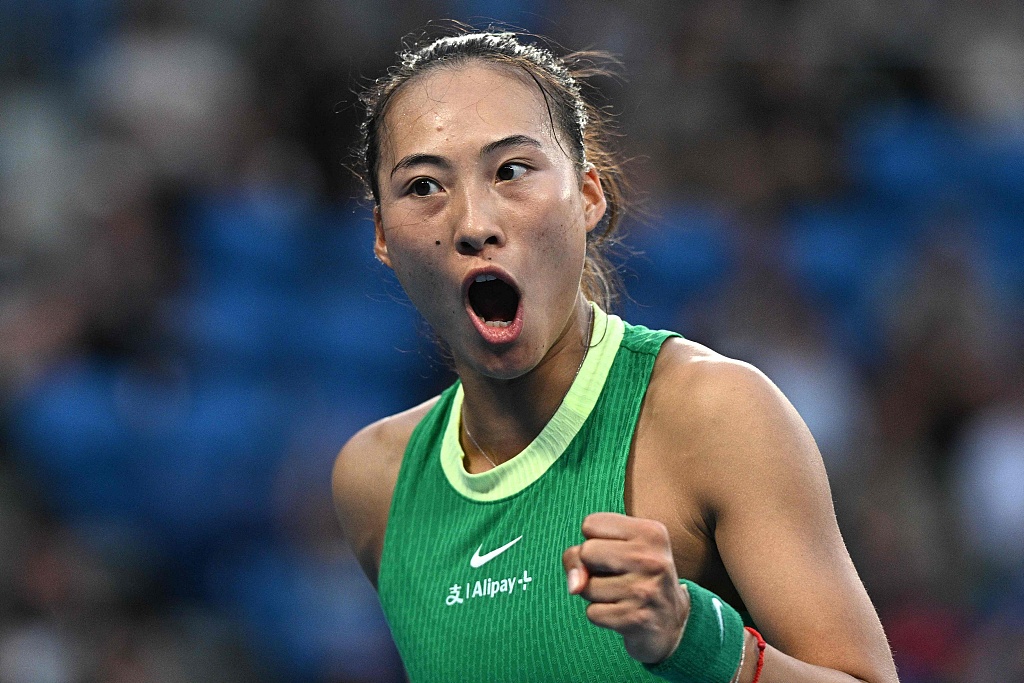 Zheng Qinwen of China reacts on a point during her match with Ashlyn Krueger of the U.S. (not pictured) at Australian Open in Melbourne, Australia, January 16, 2024. /CFP