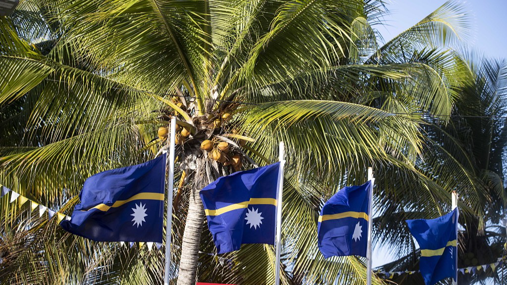 Nauru flags wave in the wind in front of coconut trees in Nauru, September 3, 2018. /CFP