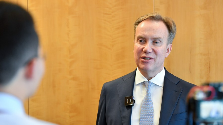 World Economic Forum (WEF) President Borge Brende speaks during an interview at the WEF headquarters in Geneva, Switzerland, January 9, 2024. /Xinhua