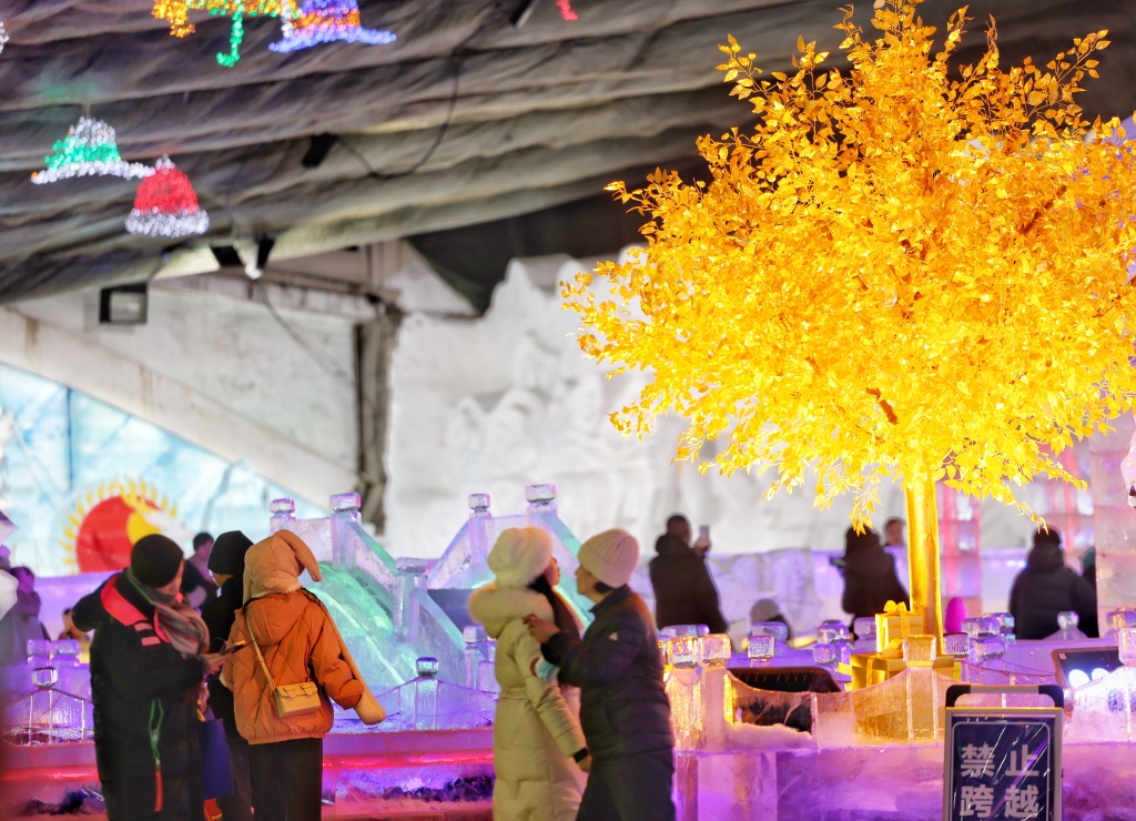 A photo shows visitors browsing near a colorful tree installation at the 38th Longqing Gorge Ice Lantern Festival in Yanqing District, Beijing on January 15, 2024. /CFP