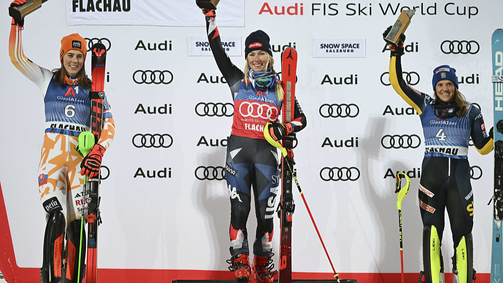 L-R: Petra Vlhova, Mikaela Shiffrin, and Sara Hector celebrate at the ceremony of FIS Alpine Ski World Cup Women's Slalom in Flachau, Austria, January 16, 2024. /CFP