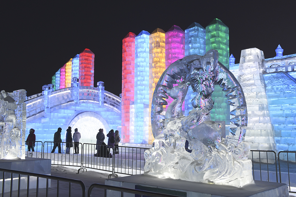 Tourists visit the Harbin Ice and Snow World in Harbin, Heilongjiang Province on January 14, 2024. Harbin has become one of the hottest destinations in China this winter and is among the top choices for tourists home and abroad for the Spring Festival holiday. /CFP