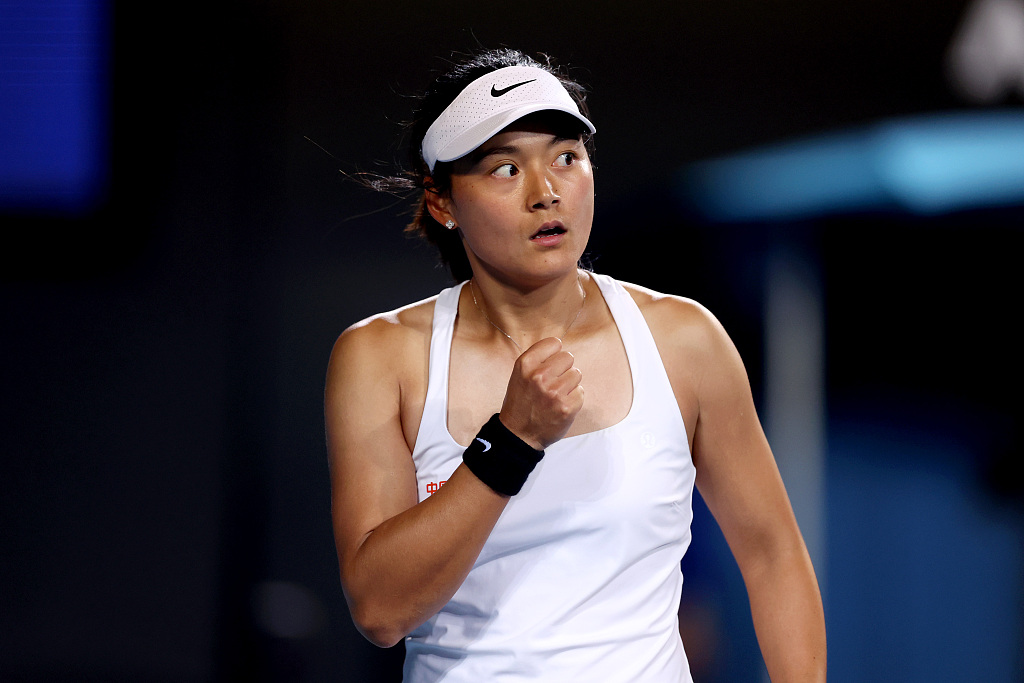 Wang Yafan of China celebrates a point in their round two singles match against Emma Raducanu of Great Britain at the Australian Open in Melbourne, Australia, January 18, 2024. /CFP