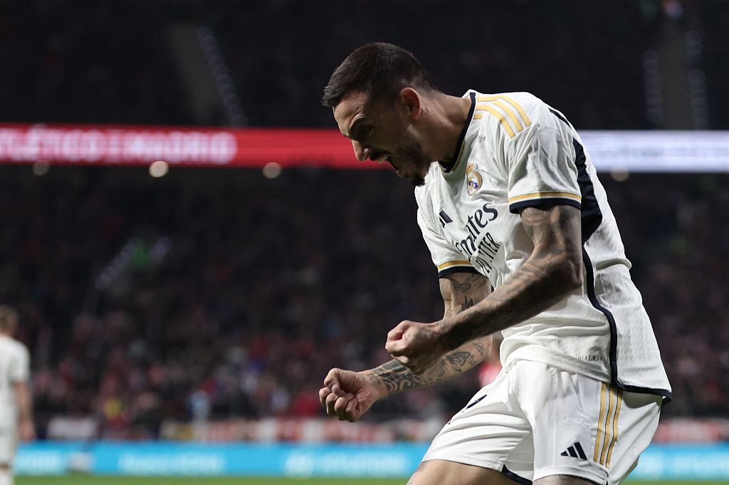 Real Madrid's Joselu reacts after scoring during the clash with Atletico Madrid at the Metropolitano stadium in Madrid, Spain, January 18, 2024. /CFP