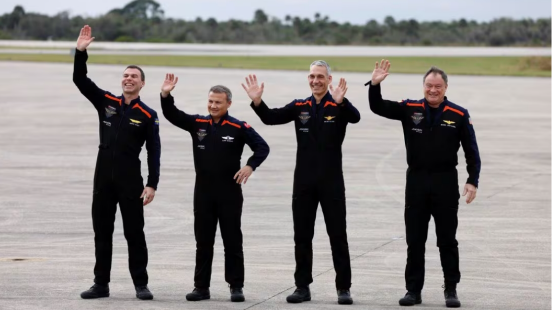 Crew members Commander Michael Lopez-Alegria of the U.S./Spain, Pilot Walter Villadei of Italy, Mission Specialist Alper Gezeravci of Türkiye, and ESA (European Space Agency) project astronaut Marcus Wandt of Sweden pose before being launched by the Axiom Mission 3 to the International Space Station, at Cape Canaveral, Florida, U.S., January 18, 2024. /Reuters