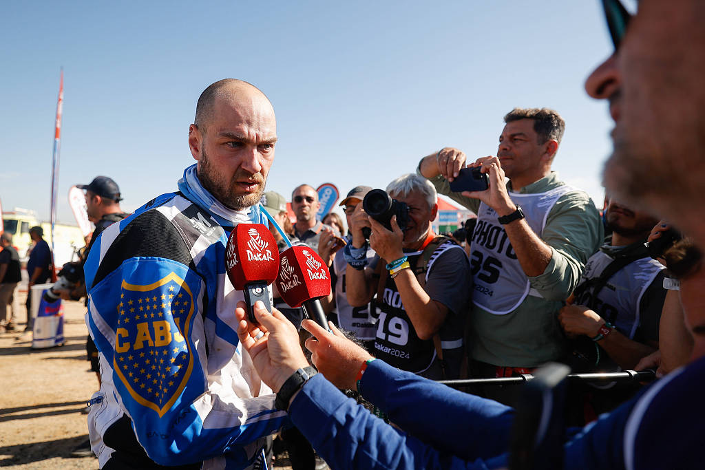 Argentina's Manuel Andujar takes an interview after winning in the Quad category during the Dakar Rally in Yanbu, Saudi Arabia, January 19, 2024. /CFP