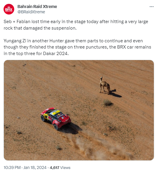 Bahrain Raid Xtreme's tweet on January 18 about China's Zi Yungang lending a hand to French-Belgian pair Sebastien Loeb and Fabian Lurquin during the Dakar Rally 2024. /@ BRaidXtreme