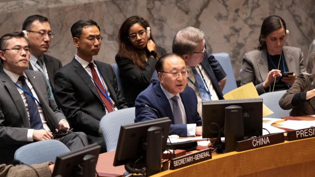 Chinese permanent representative to the United Nations Zhang Jun speaks at the UN Security Council emergency meeting on the Palestinian-Israeli situation at the UN headquarters in New York, U.S., November 10, 2023. /Xinhua