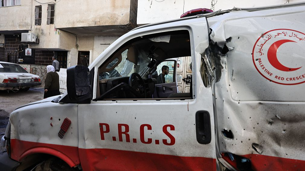 This photograph taken on January 19, 2024 in the occupied West Bank shows a damaged ambulance in a refugee camp in Tulkarm, where the Israeli army carried out overnight raids. /CFP