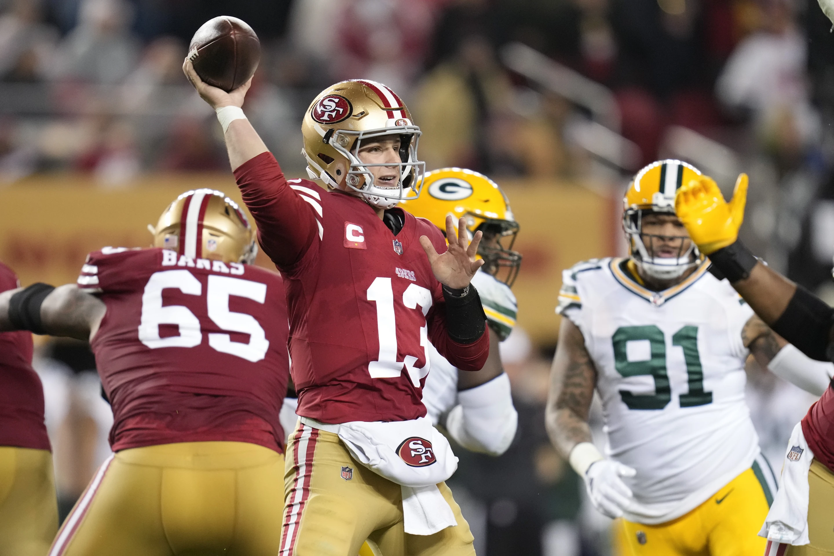 Quarterback Brock Purdy (#13) of the San Francisco 49ers passes in the National Football League National Football Conference Divisional Game against the Green Bay Packers at Levi's Stadium in Santa Clara, California, January 20, 2024. /AP