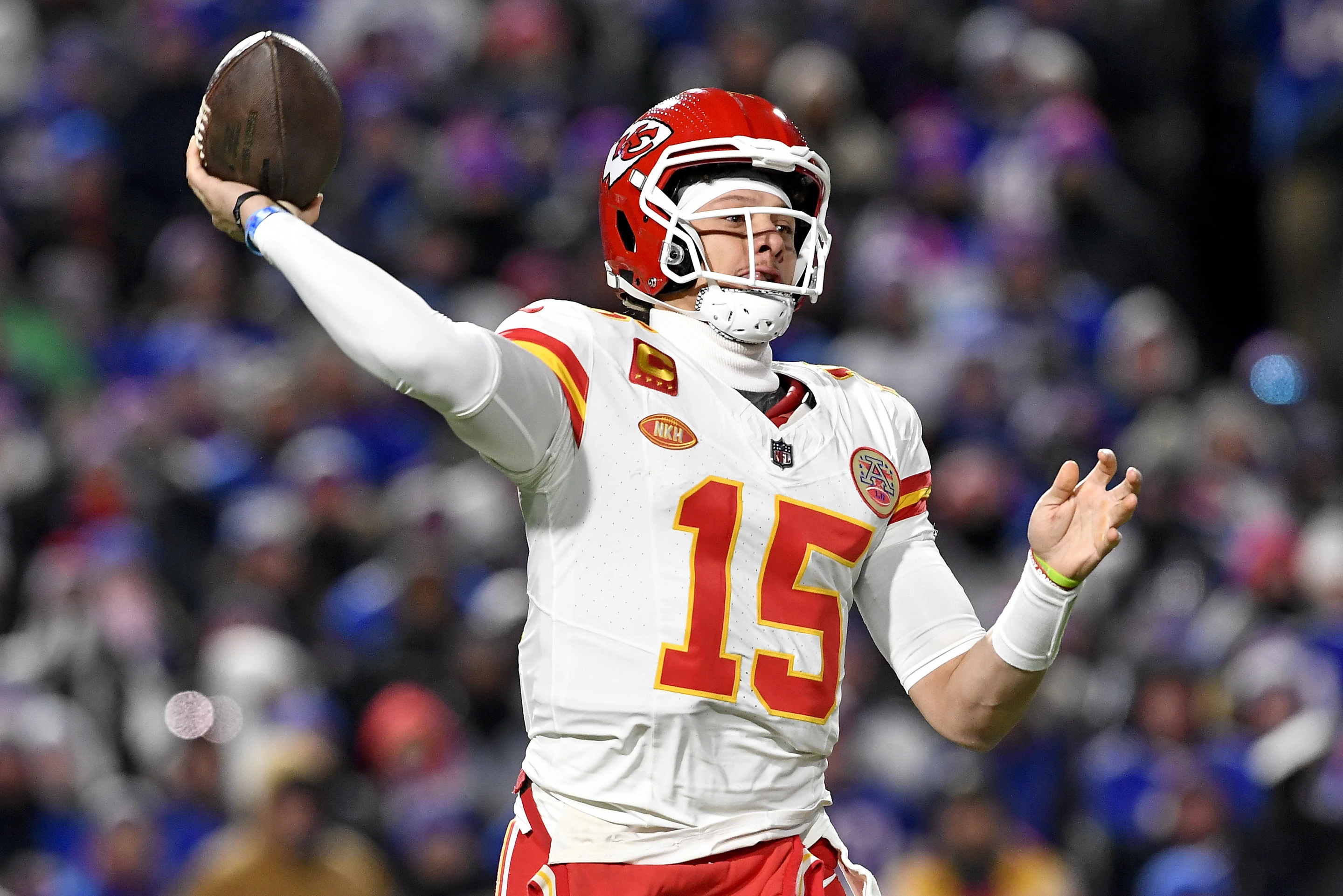 Quarterback Patrick Mahomes of the Kansas City Chiefs passes in the National Football League American Football Conference Divisional Game against the Buffalo Bills at Highmark Stadium in Orchard Park, New York, January 21, 2024. /AP