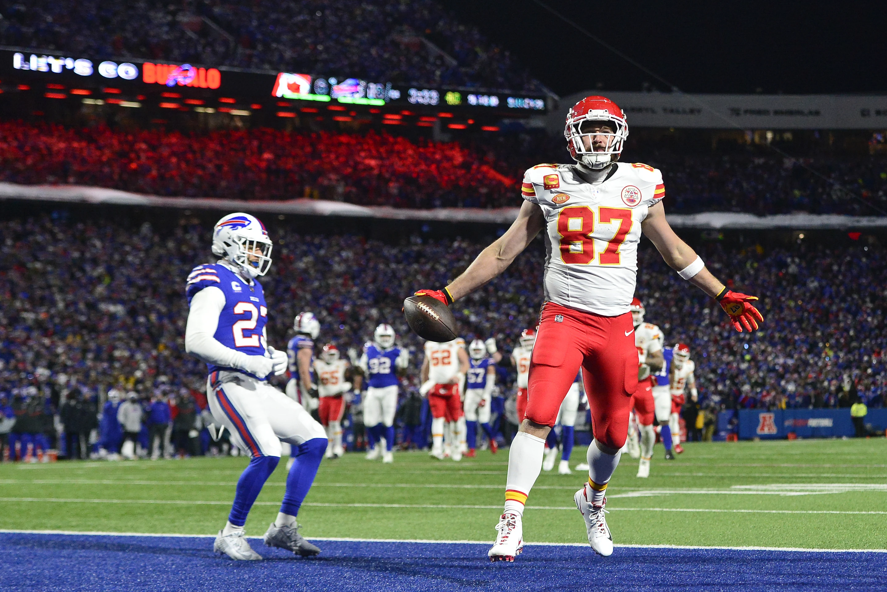 Tight end Trevis Kelce of the Kansas City Chiefs celebrates after scoring a touchdown in the National Football League American Football Conference Divisional Game against the Buffalo Bills at Highmark Stadium in Orchard Park, New York, January 21, 2024. /AP
